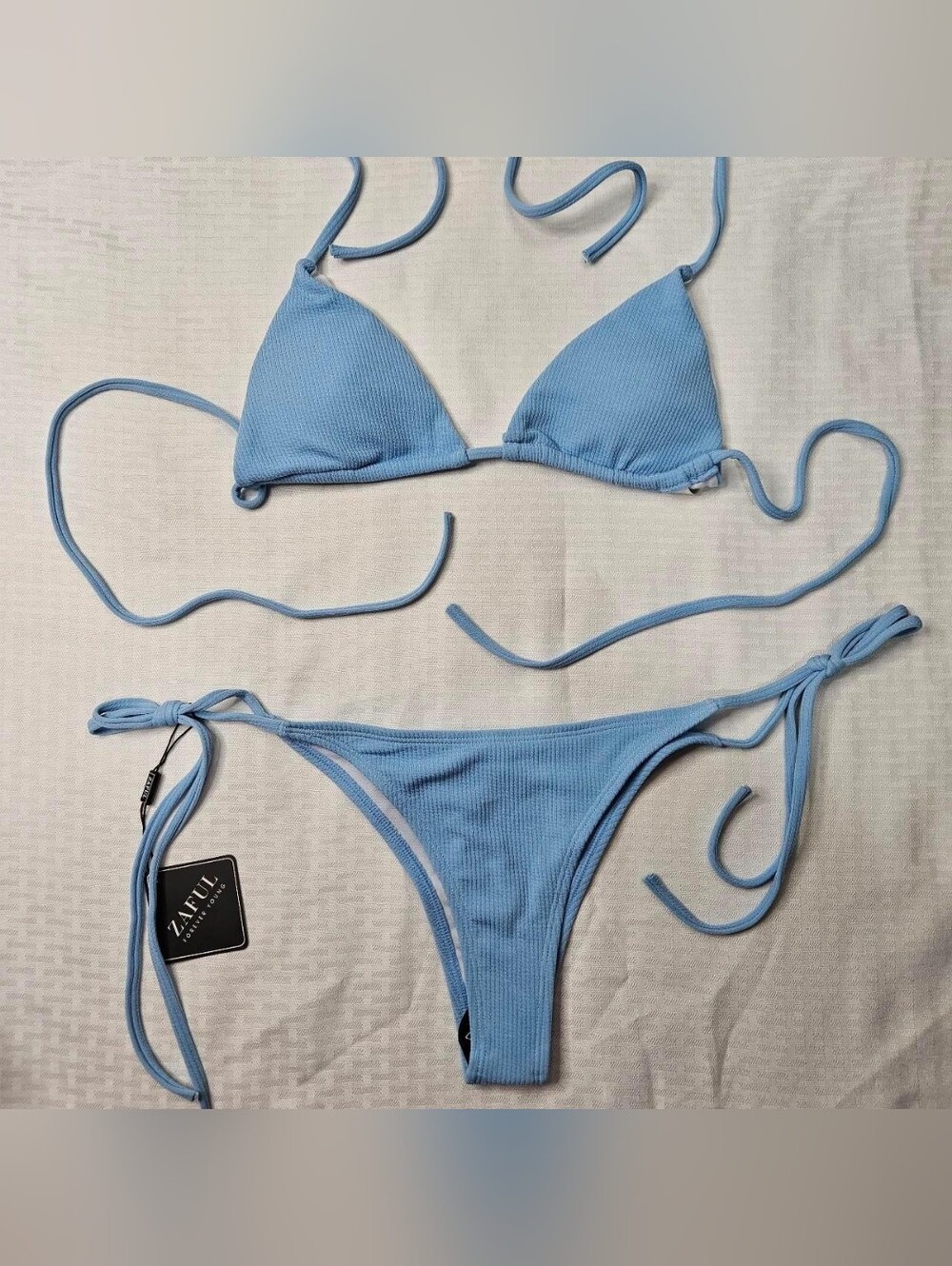 Zaful Baby Blue Ribbed Triangle Tie Bikini